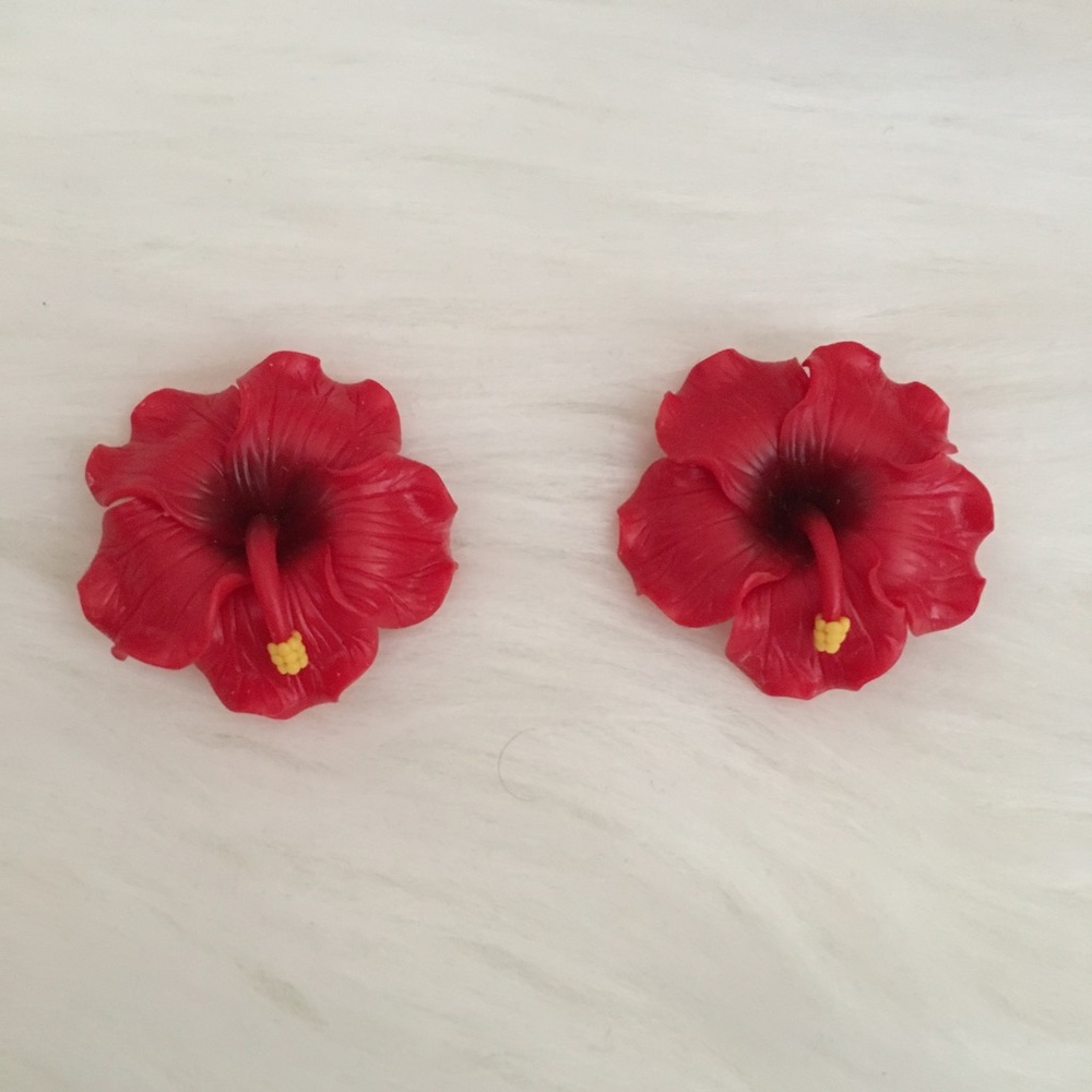 Red Hawaiian Flower Clip On Earrings